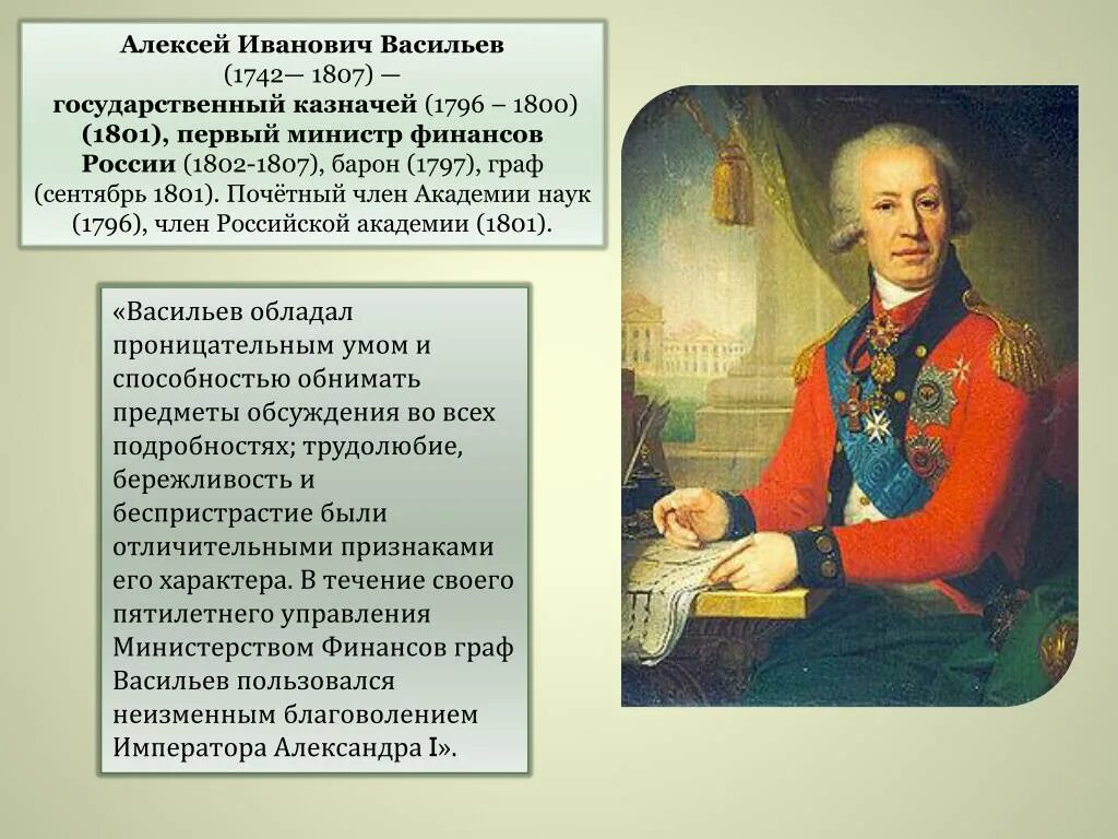 Созданный при александре 1. Первый министр финансов Российской империи Васильев.