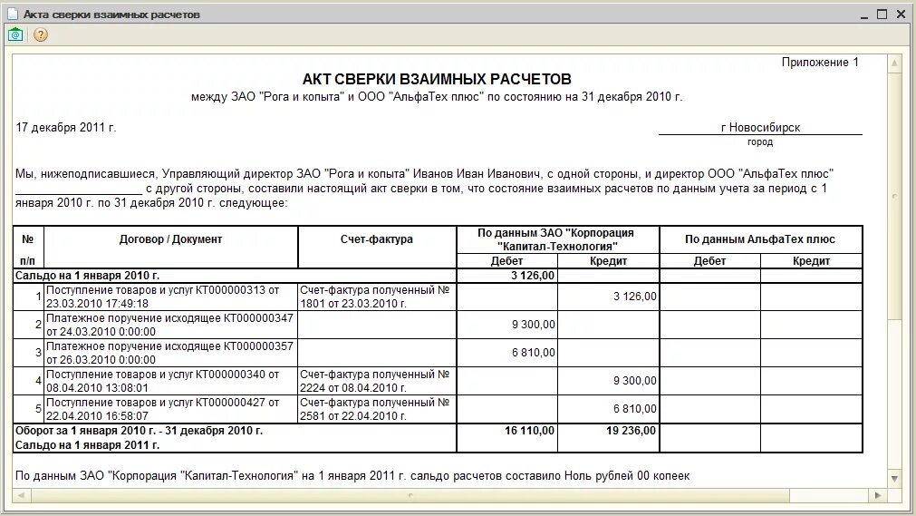 Акт сверки дебиторской