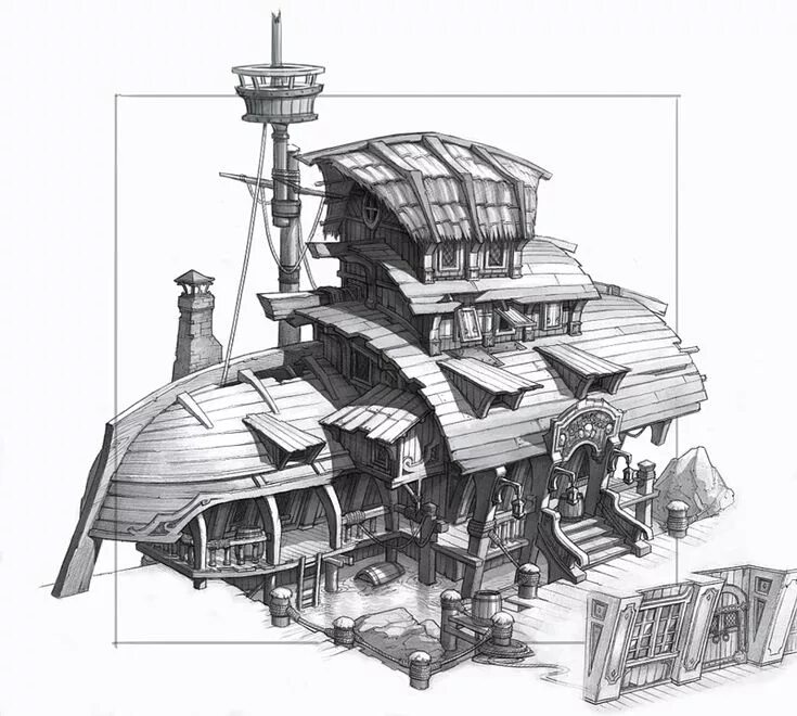 Pirate house. Фэнтези постройки. Домик пиратский концепт арт. Дом пиратский корабль. Таверна концепт арт.