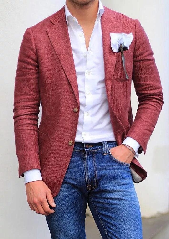 Men's Grey Plaid Blazer, White Long Sleeve Shirt, Blue Jeans, Brown Leather Oxfo