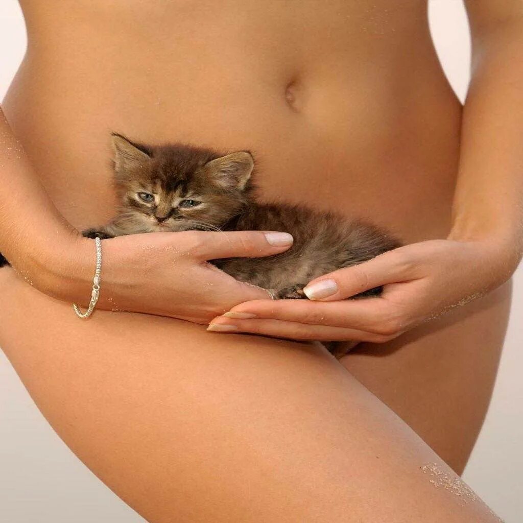 Девушка с котом на руках и голой киской между ног фото