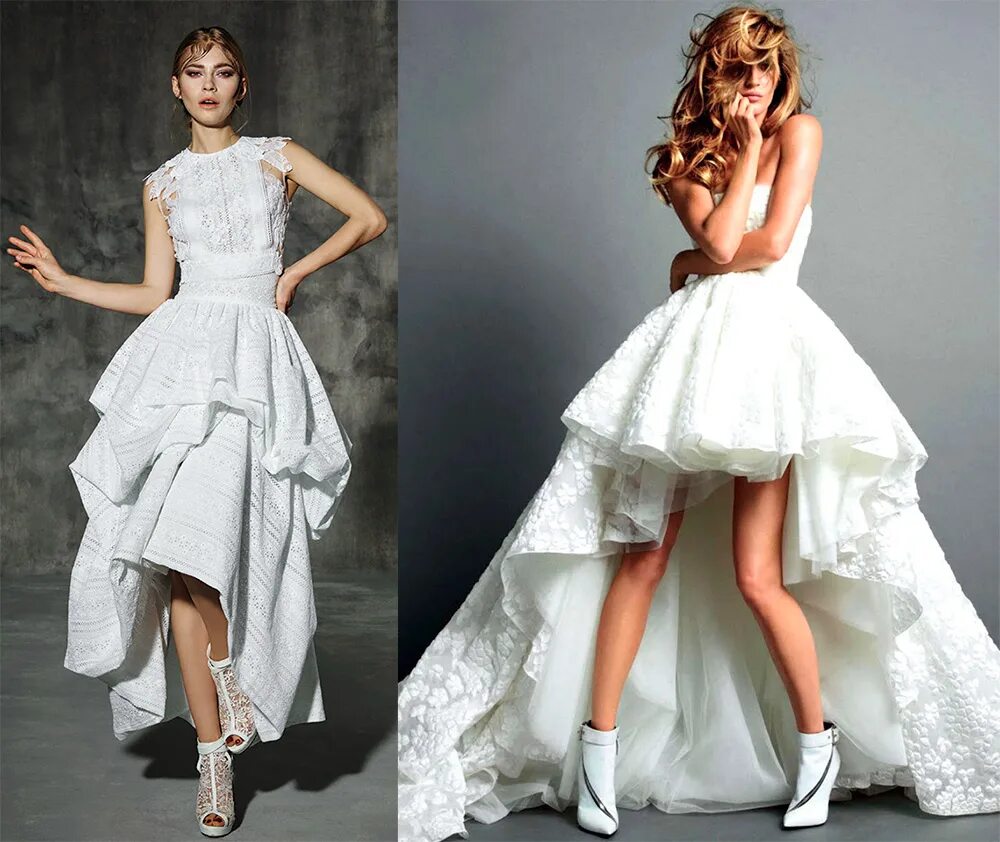 Платье со шлейфом. Свадебные платья короткие. Современные Свадебные платья. Короткое платье со шлейфом.