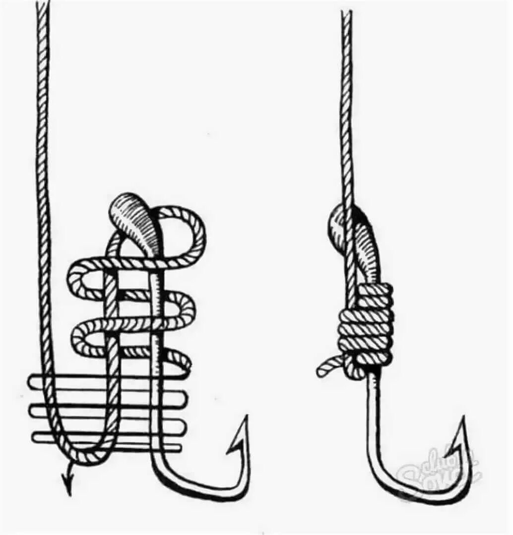 Узел для привязывания крючка к леске. Схема завязывания рыболовных крючков. Как привязать рыболовный крючок к леске. Узлы для привязки рыболовных крючков.