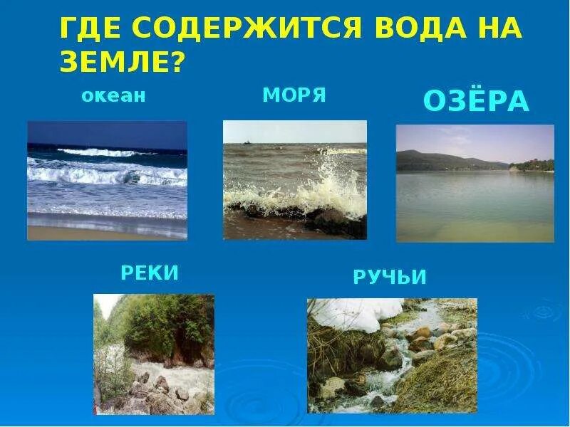 Где есть вода. Где вода на земле. Где содержится вода на земле. Где в природе есть вода.