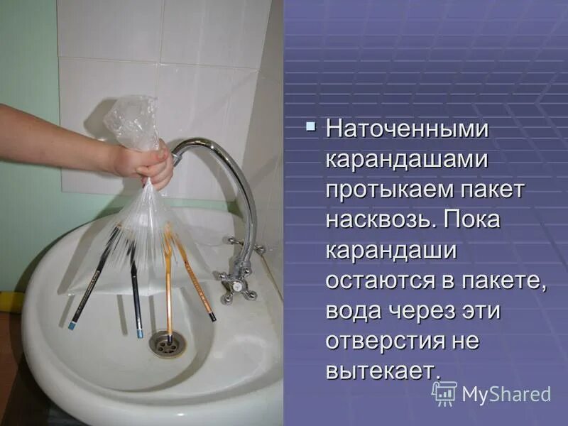 Нужно ли протыкать пакет. Эксперимент с пакетом и водой. Эксперимент дырявый пакет. Пакет протыкают карандашом. Опыт с протыканием пакета с водой карандашами.