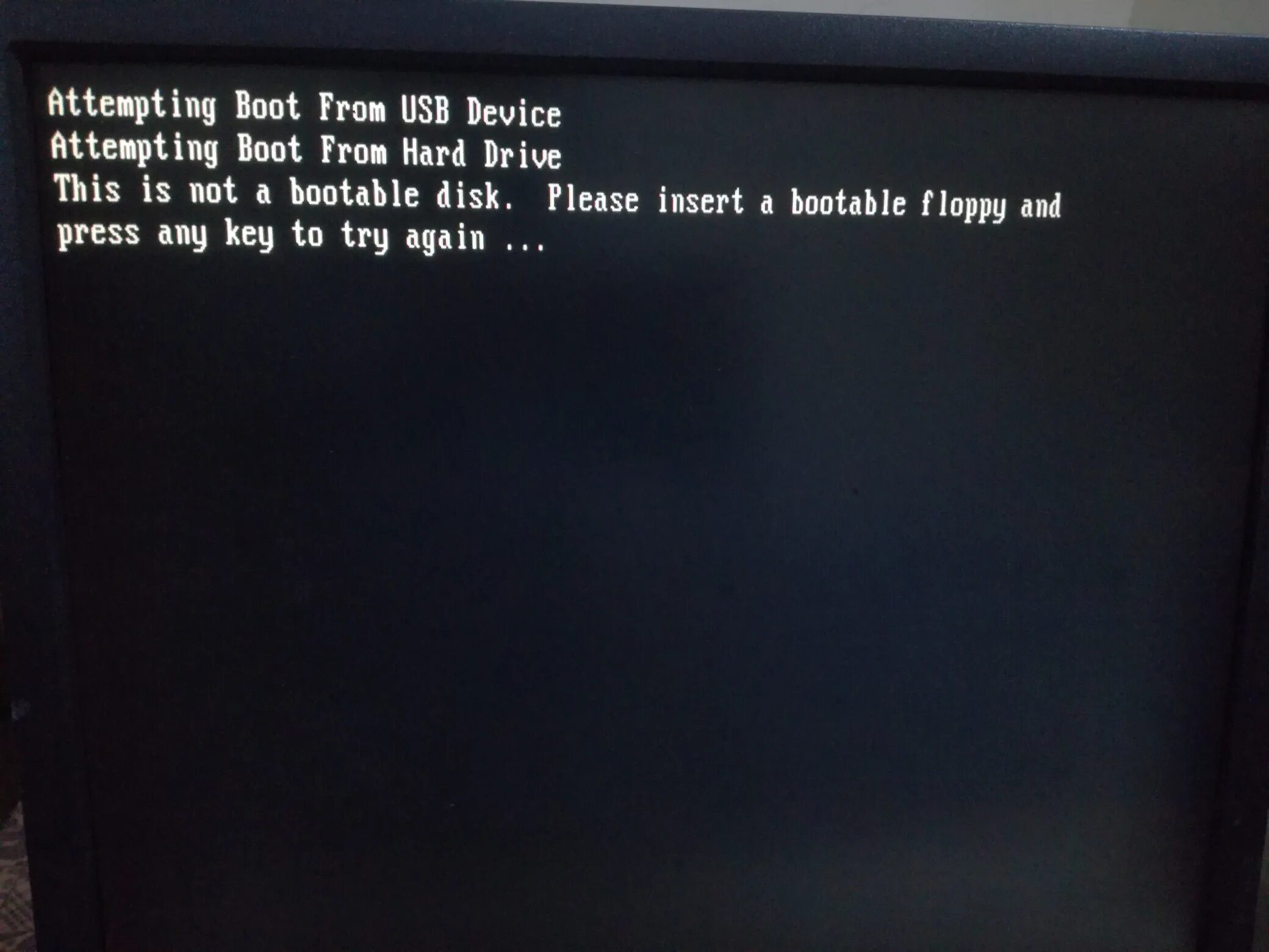 Press any Key to Boot from USB. Start booting from USB device. Start booting from USB device и ничего. No Bootable device Insert Boot and Press any Key. Boot attempt