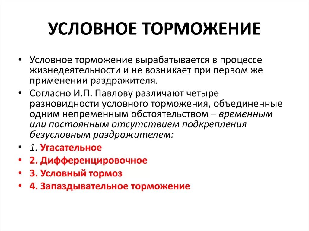 Условное торможение. Виды условного торможения. Условное и безусловное торможение. Внутреннее условное торможение.