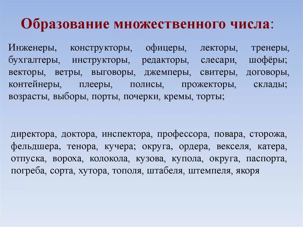 Множественное число существительных сторож. Инженер множественное число. Инструктор множественное число. Слесарь множественное число. Тренер множественное число.