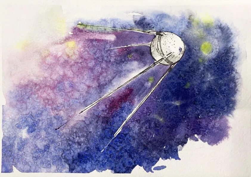 Первый спутник рисунок. Космос иллюстрация. Космос акварелью. Космический Спутник рисунок. Рисование космос.