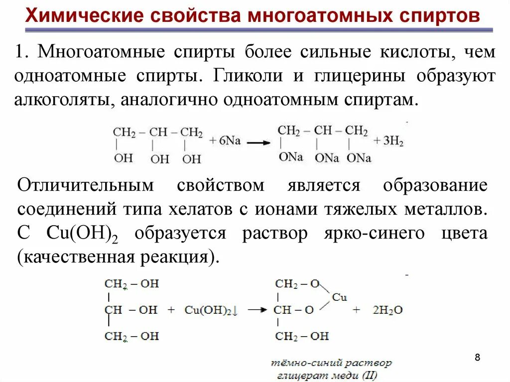 Характеристика химических свойств многоатомных спиртов. Химические свойства многоатомных спиртов таблица 10 класс. Химические свойства спиртов уравнения реакций.