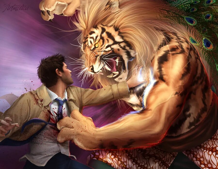 Человек сражается с тигром.