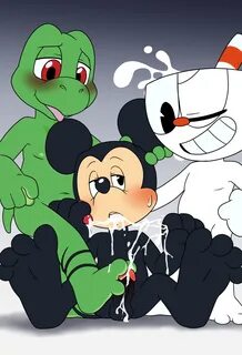 skyeprower, mickey mouse, cuphead (game), barefoot, cum, cum in mouth, ejac...