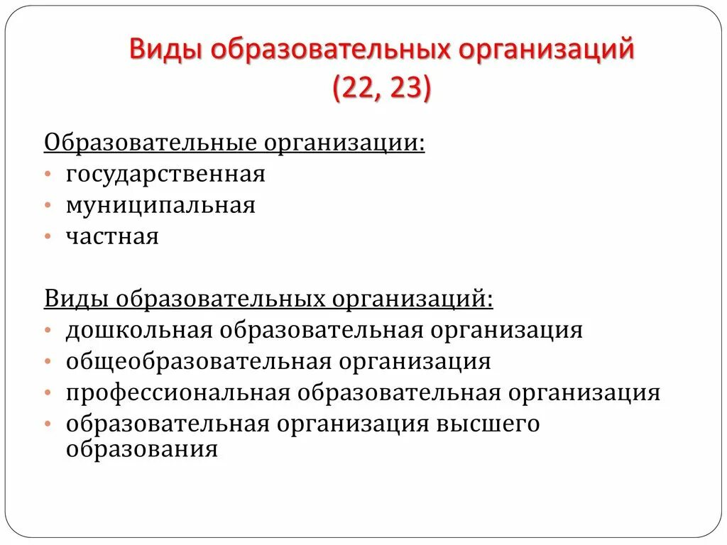 Типы образовательных учреждений. Типы образовательных организаций в РФ. Виды общеобразовательных учреждений.