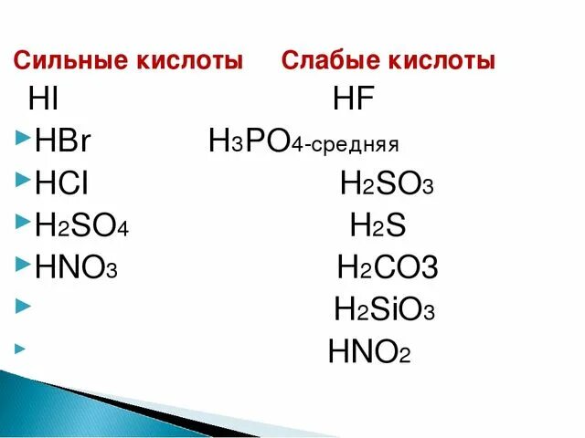 Выберите соединение которое является кислотой. Сильные кислоты и слабые кислоты. Формулы сильных и слабых кислот. Формулы сильных кислот. Формулы слабых кислот.