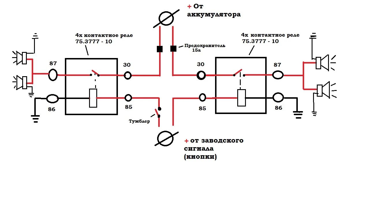 Подключить второй сигнал. Схема подключения сигнала через 4 контактное. Схема подключения двух сигналов. Паджеро 2 реле звукового сигнала. Схема подключения сигнала Паджеро 2.