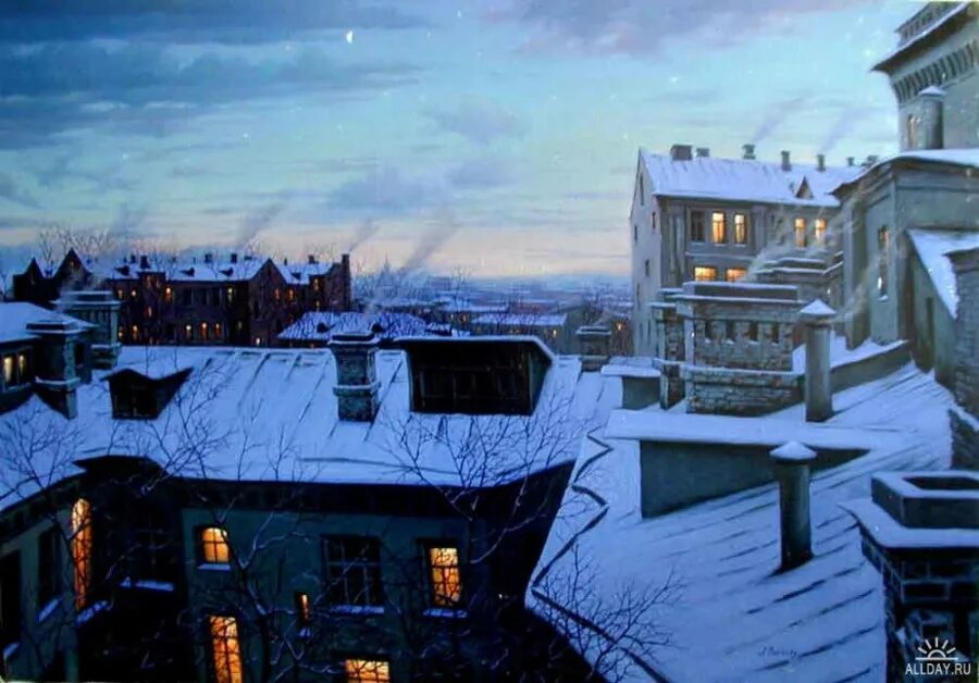зима вечер живопись. виктор сорокин "зимний городской пейзаж". художник игорь разживин. зимний городской пейзаж. зимний город картины художников.