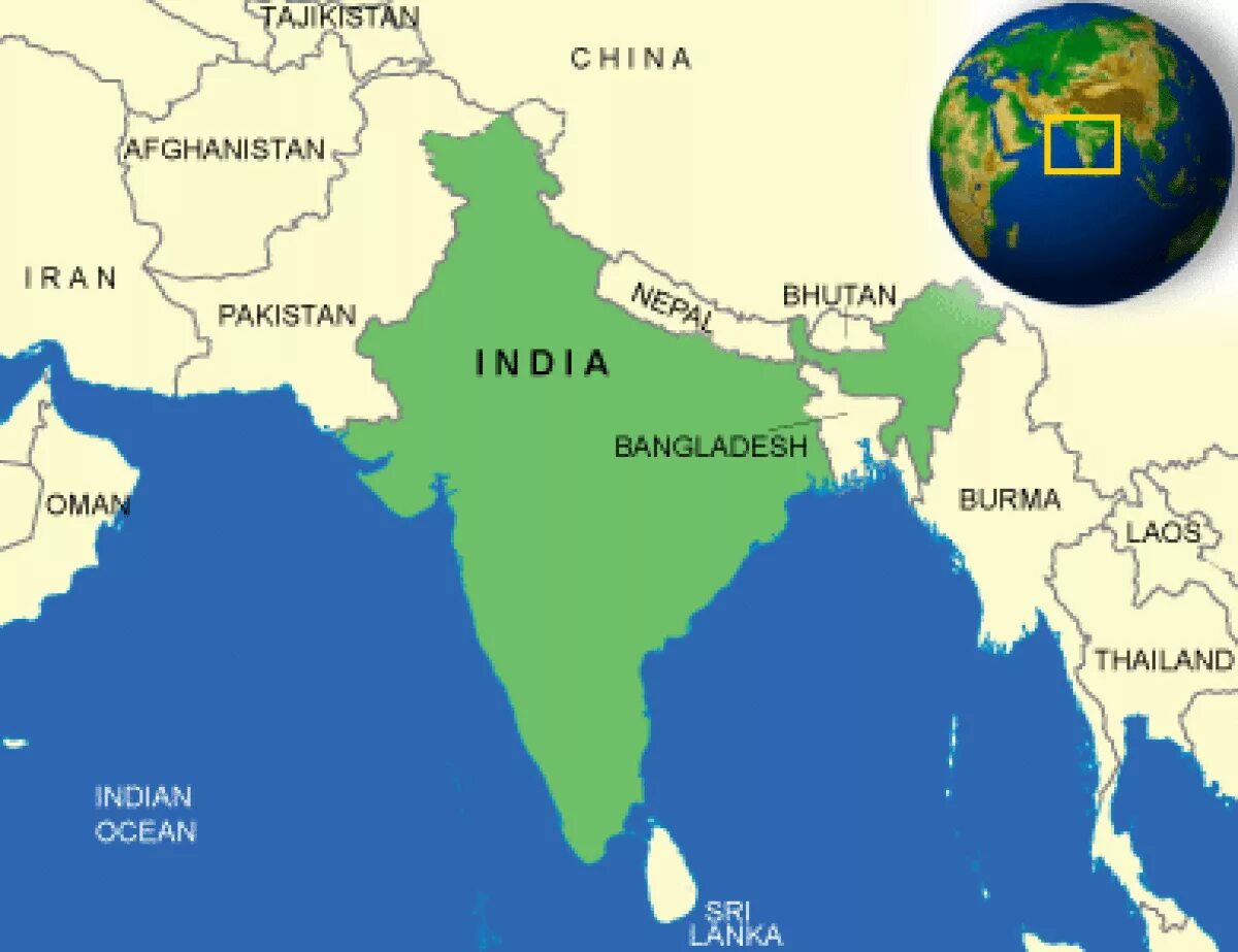 Индия на карте. Границы Индии. Страна Индия на карте.