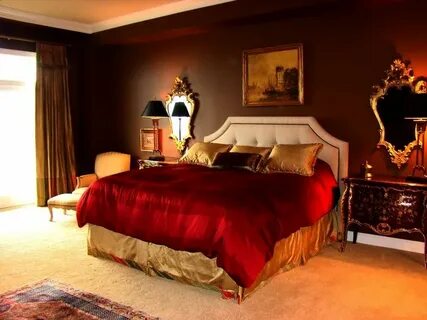 A red bed and a brown table