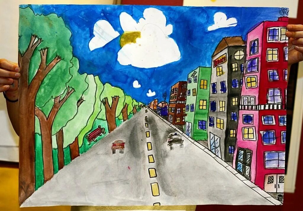 Перспектива в рисовании для детей. Город рисунок. Улица нашего города рисование. Детские рисунки города.