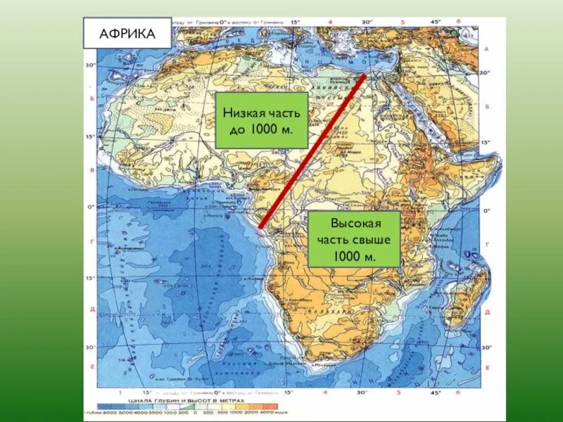 Карта рельефа Африки. Граница между высокой и низкой Африкой. Низкая Африка и высокая Африка. Африка карта географическая рельеф.