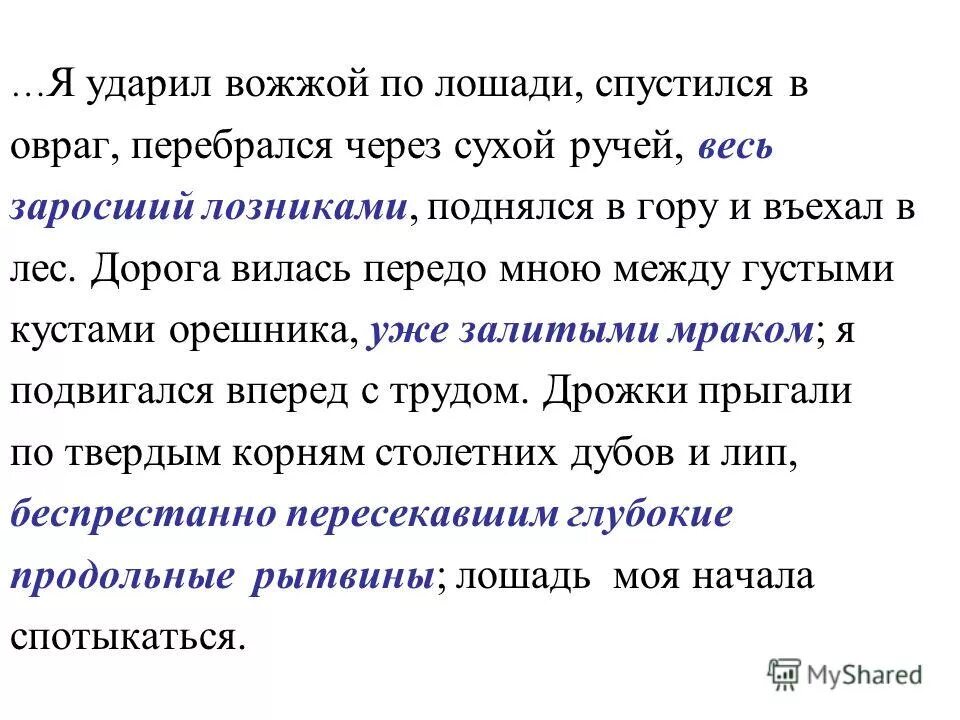 Дорога вилась передо мною между густыми кустами. Я ударил вожжой по лошади перебрался через ручей. Ударить вожжой или вожжей. Я ударил вожжой по лошади синтаксический разбор.