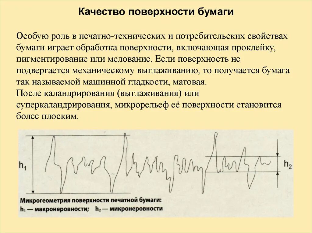 Качество поверхности. 10.Основные характеристики поверхности бумаги.. Профилограмма поверхности на бумаге. Суперкаландрирование бумаги. В качестве поверхности использовали