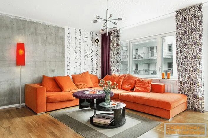 Media room with graphic wall and colorful sofa- Atlanta GA Living room orange, S