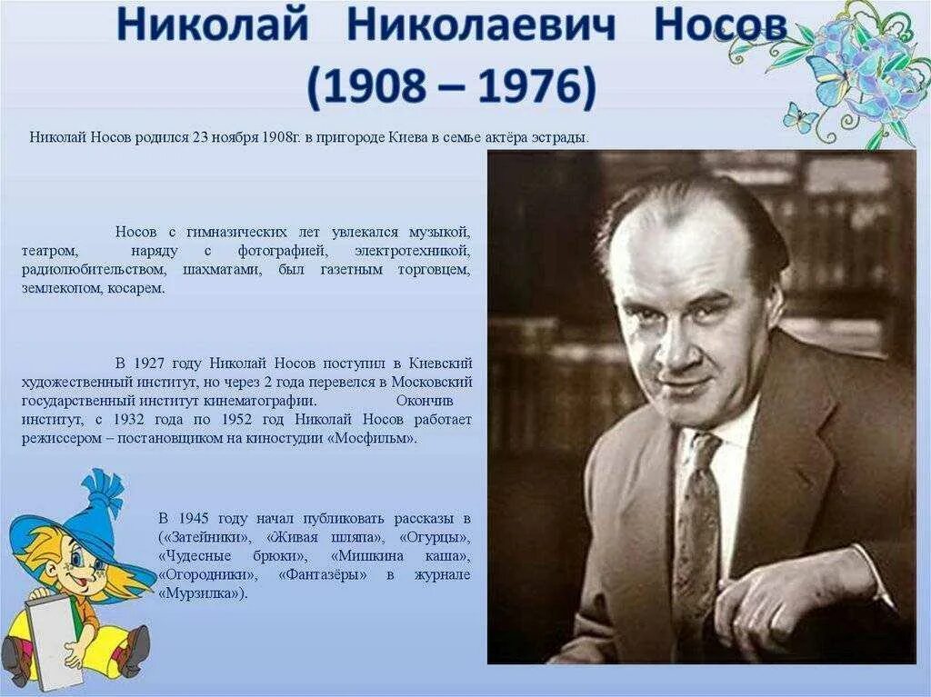 Сообщение о детском писателе. Николая Николаевича Носова писатель.