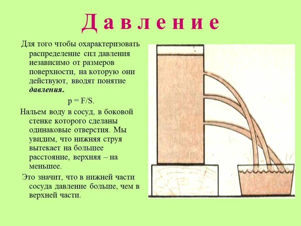 В сосуде с небольшой трещиной. Опыт сосуд и отверстиями. Возьмите высокий сосуд в боковой поверхности его. Как вода выливается из отверстий на разной высоте. Высокий сосуд.