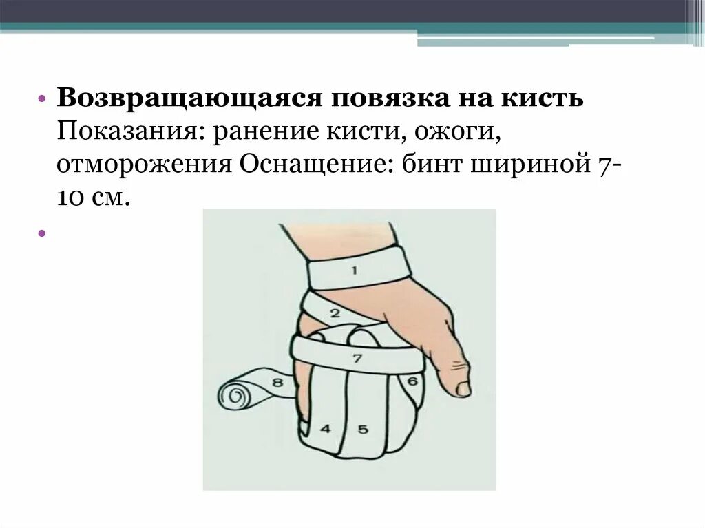 Повязка на кисть алгоритм. Десмургия возвращающаяся повязка кисть. Наложение возвращающейся повязки на культю. Наложение возвращающейся повязки на кисть алгоритм. Наложение повязки на кисть варежка.