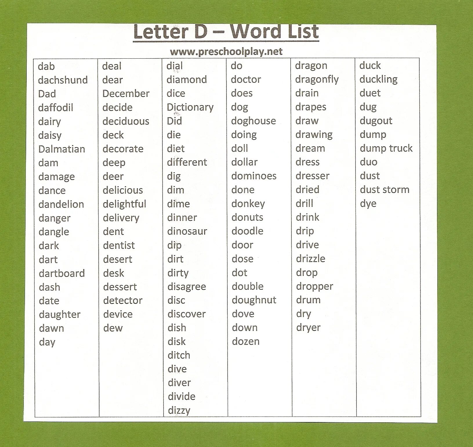 Word list. D Word list. Word list 3 rkfc. Letter d Words.
