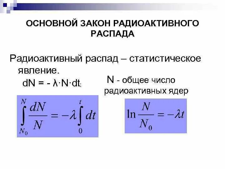 Виды радиоактивного распада закон радиоактивного распада. Математическая формула закона радиоактивного распада. Формула основного закона радиоактивного распада. Формула кинетического закона радиоактивного распада. Статистический характер радиоактивного распада.