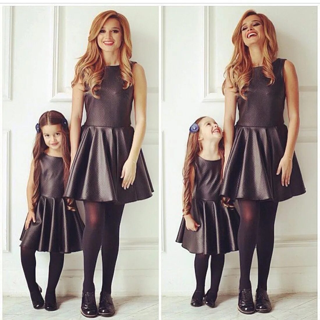 Черная мама и дочка. Образ для девочки в черном платье. Кожаные платья для детей. Образ на др ребенка. Кожаное платье для девочки.