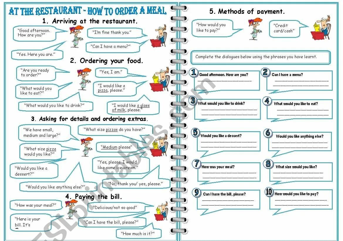 How to order in the Restaurant. At a Restaurant Lesson Plan. At the Restaurant phrases. At the Restaurant Worksheets.