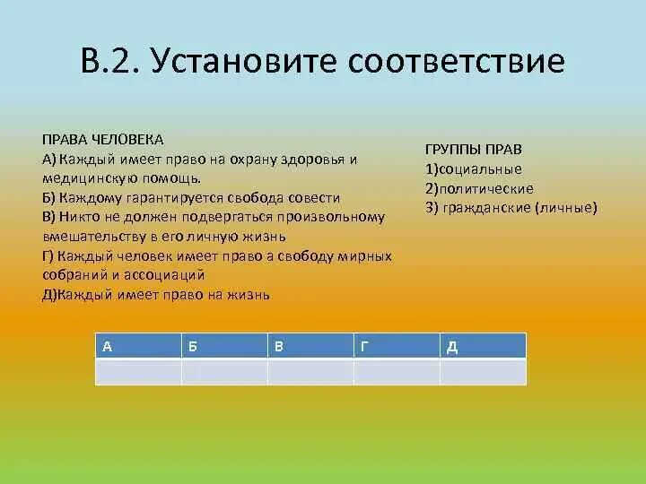 Установите соответствие каждый имеет право на охрану. Каждый человек имеет право на свободу мирных собраний и ассоциаций.. Установите соответствие между правами человека и группами прав. Установите соответствие правила игры