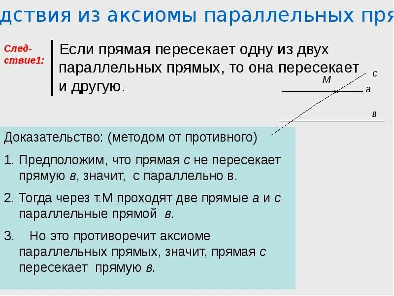 Если прямая пересекает одну. Аксиомы геометрии. Если прямая пересекает одну из двух параллельных прямых то она. Следствия из Аксиомы параллельных прямых.