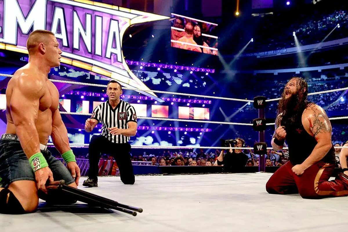 John cena vs. Джон сина wrestlemania. wwe john cena and bray wyatt. john cena wyatt family.