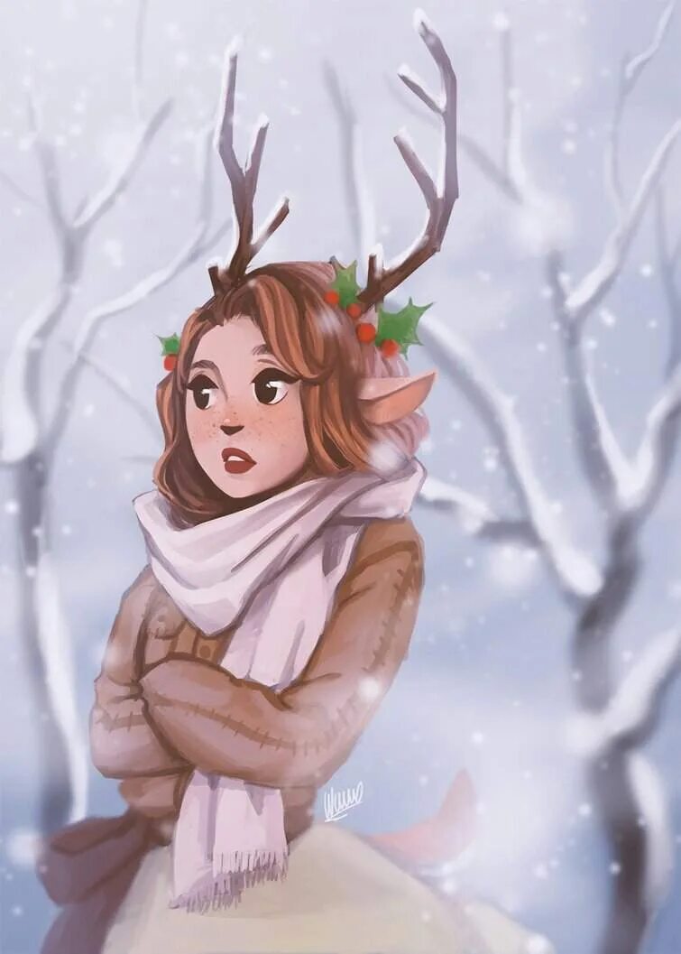 Рисунки зимних девушек. Девушка олень арт. Нарисовать девушку зиму. Зимняя эльфийка. Олень девочка.