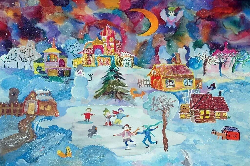 Тема зимние чудеса. Рисунок зима красками. Рисование для детей зимний город. Зимний город для детей. Краска для темы зима.