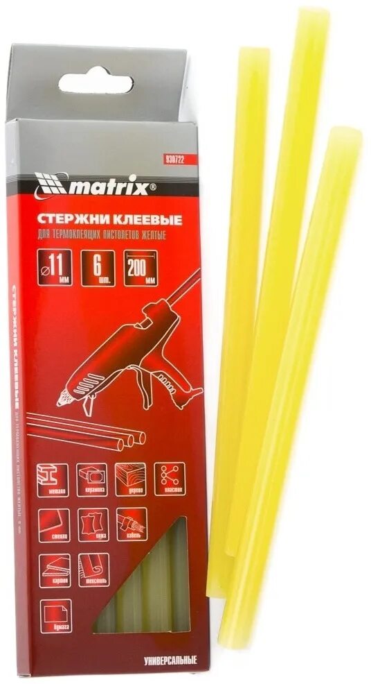 Стержни клеевые 200мм. Клеевые стержни matrix 930732. клеевые стержни matrix 930742. клеевые стержни matrix 930744. жёлтые. стержни клеевые, жёлтый, 11*200мм, 6 шт./упак. // matrix.