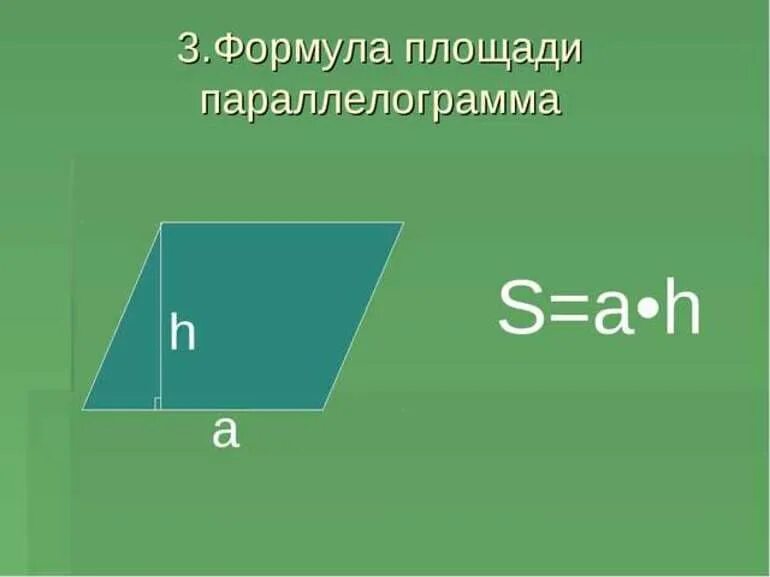 Формулы площадей треугольников параллелограммов трапеции. Формула площади параллелограмма формула. Формула нахождения площади площади параллелограмма. 2 Формулы нахождения площади параллелограмма. Пло формула площади параллелограмма.