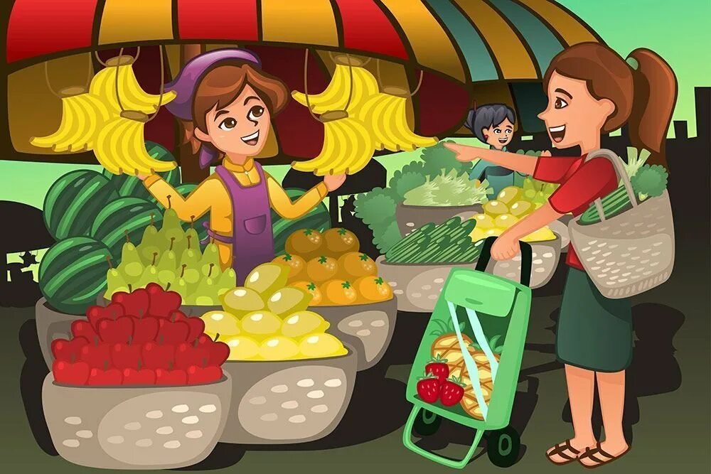 На базар ходили. Продавец овощей мультяшные. Фрукты овощи рынок для детей. Продавцы на рынке иллюстрация. Рынок мультяшный.