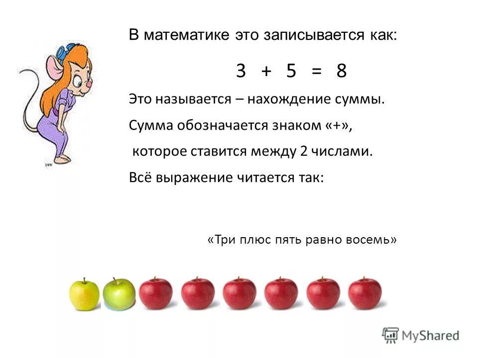 1 плюс 5 равно на 8. Как записывается сумма в математике. Пять равно одному. Как обозначается сумма чисел 1 класс. Как читаются выражения в математике.