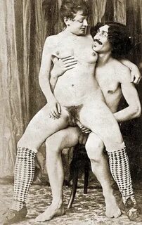 Antique porn photos with nude woman with hairy pussy riding on a mustached ...