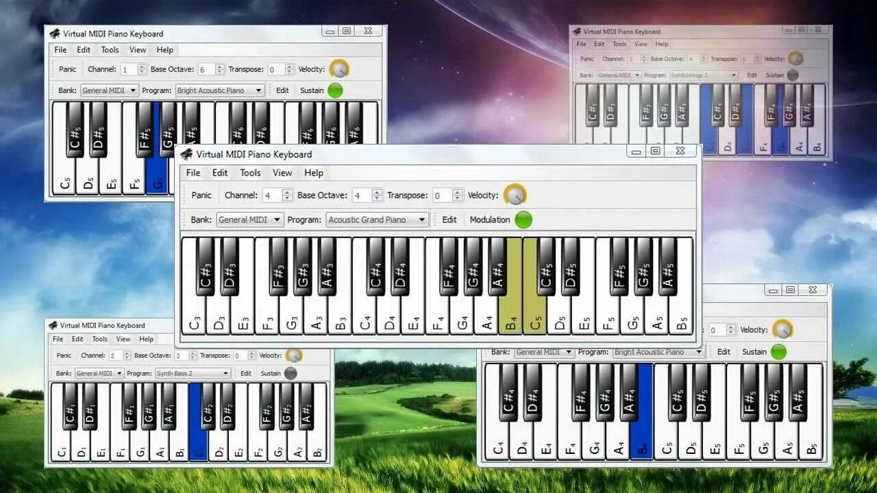 Virtual midi piano keyboard. Midi hotkeys. curtsoft virtual midi synth. virtual midi m-key.