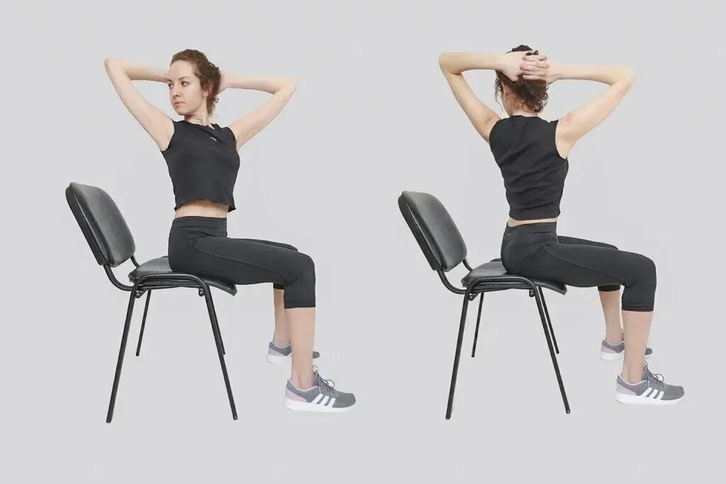 Упражнения на стуле. Упражнения сидя на стуле. Упражнение скручивание на стуле. Упражнения для позвоночника на стуле.