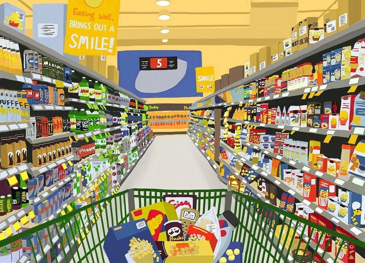 Прилавок магазина иллюстрация. Магазин детские иллюстрации. Продуктовый магазин арт. Магазин продуктов рисунки. Полки с продуктами для детей.