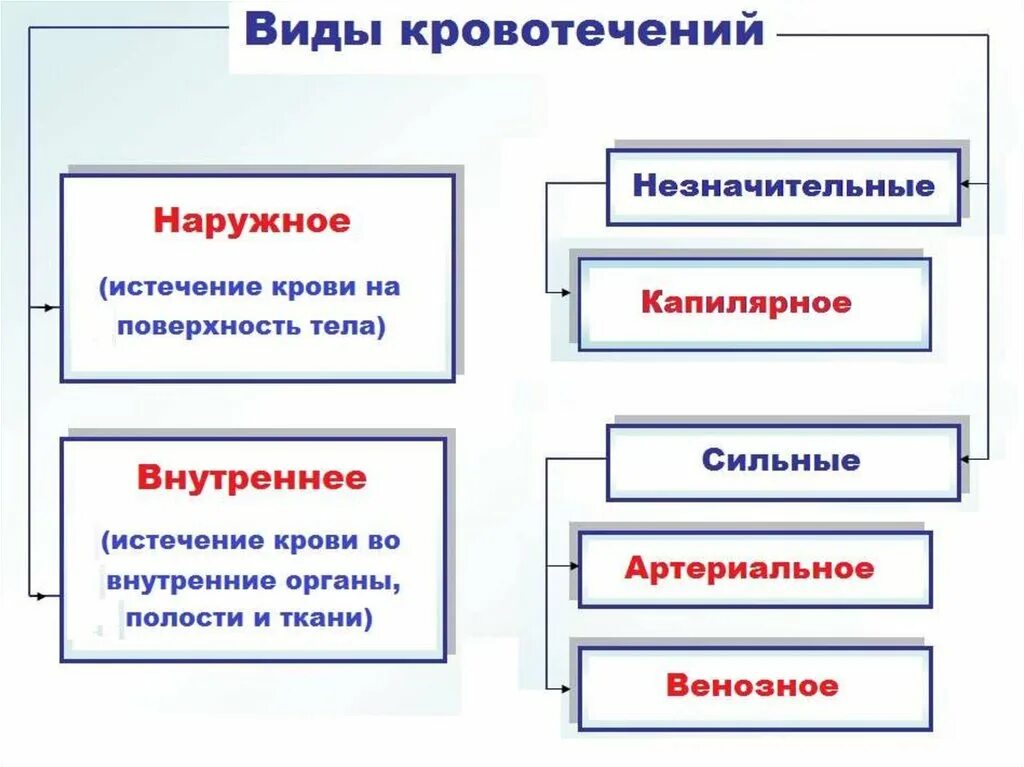 Кровотечения бывают следующих видов ответ. Наружные и внутренние кровотечения таблица. Схема по видам кровотечения. Признаки наружного кровотечения таблица. Виды кровотечений схема.