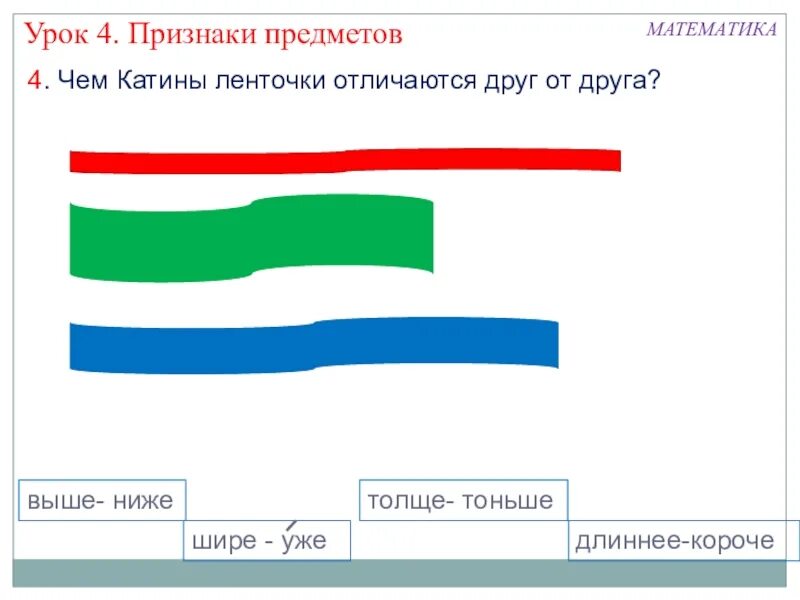 Длиннее толще шире. Шире уже. Длинный короткий 1 класс. Длиннее короче шире уже. Ленточка длинная и короткая.