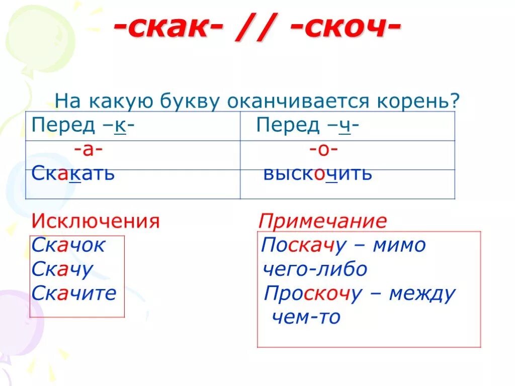 Буквы а о в корнях скак скоч